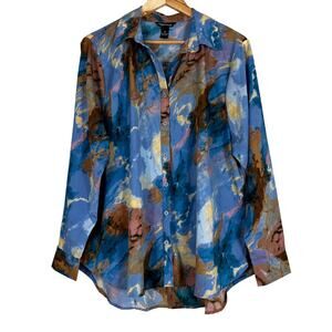 Millenium Button Down Shirt Womens LX Blue Abstract Lightweight Artsy Indie